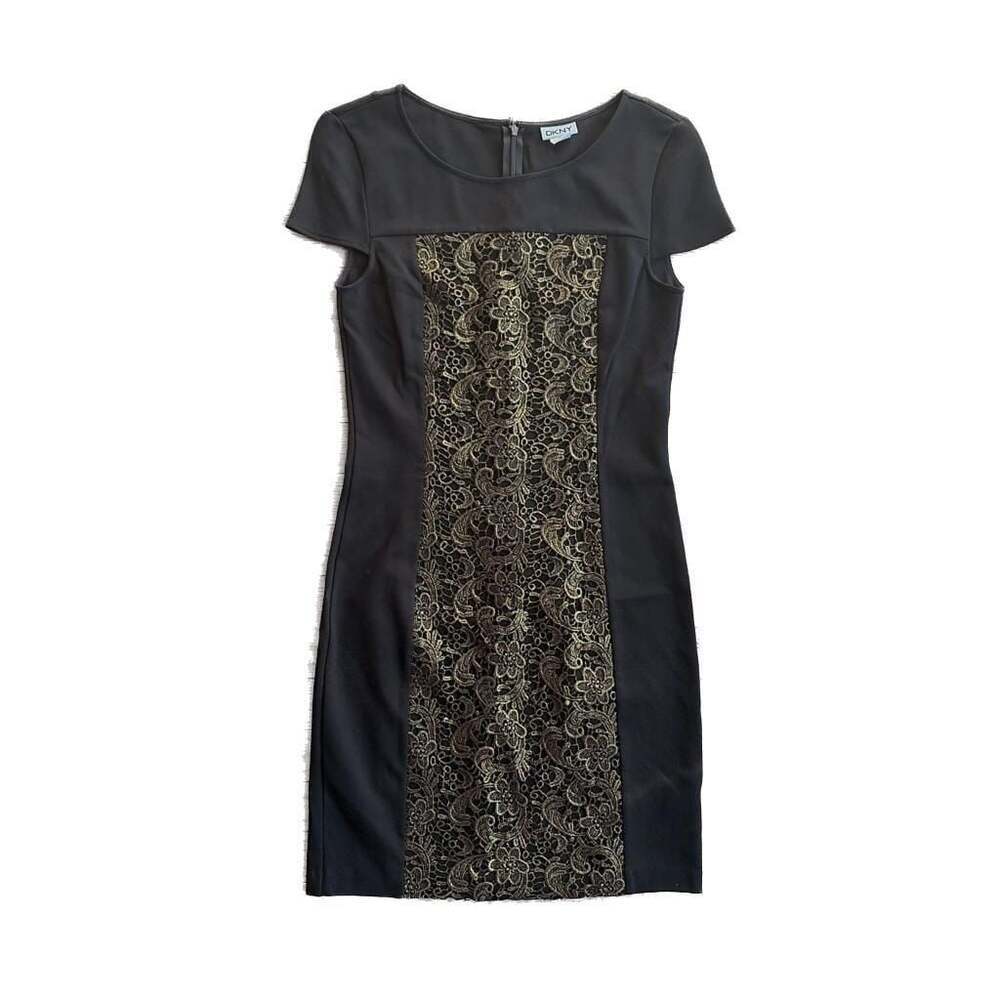 DKNY Black Gold Lace Overlay Dress